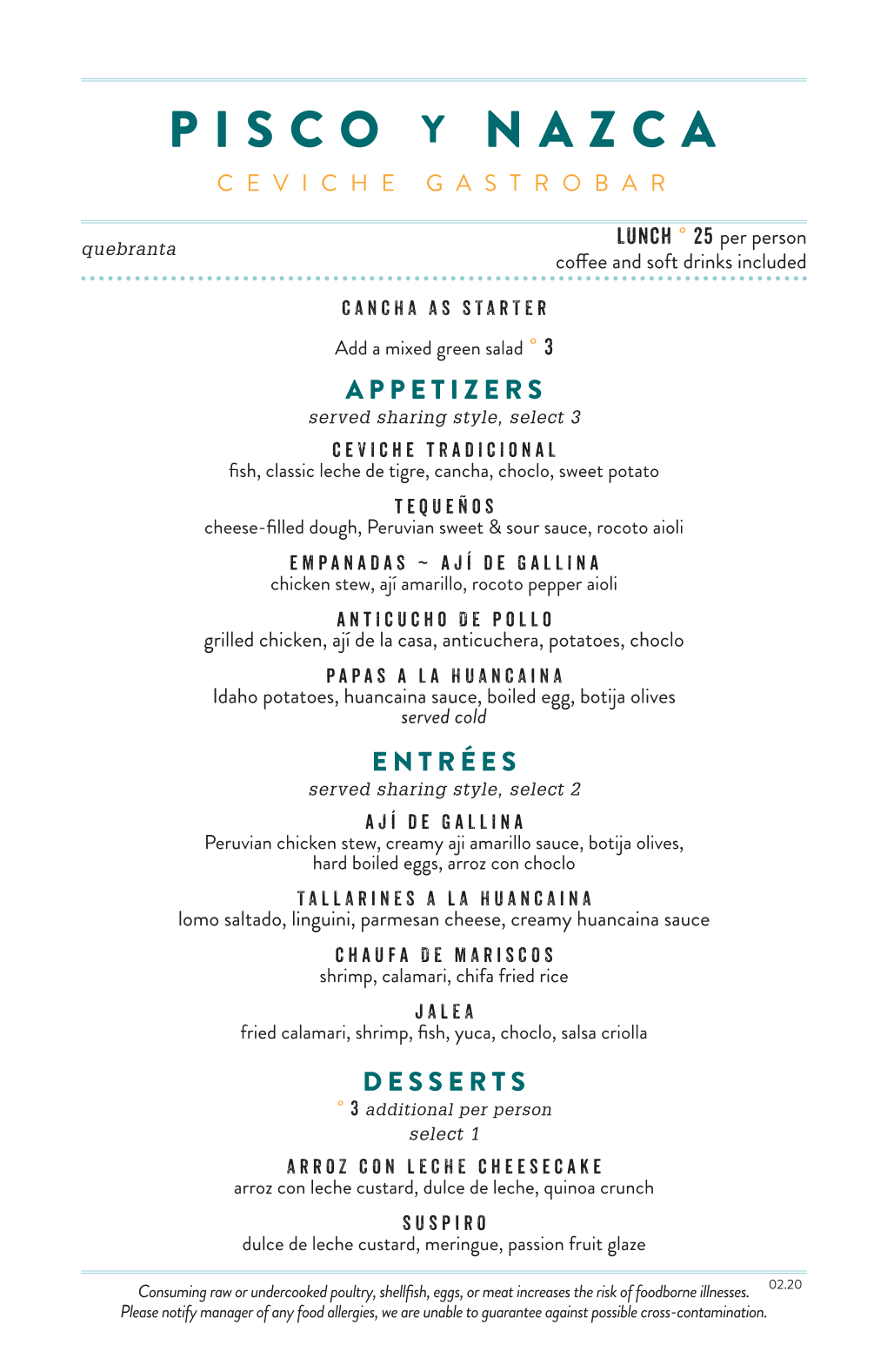 Pisco Y Nazca Kendall Private Dining Lunch Menu