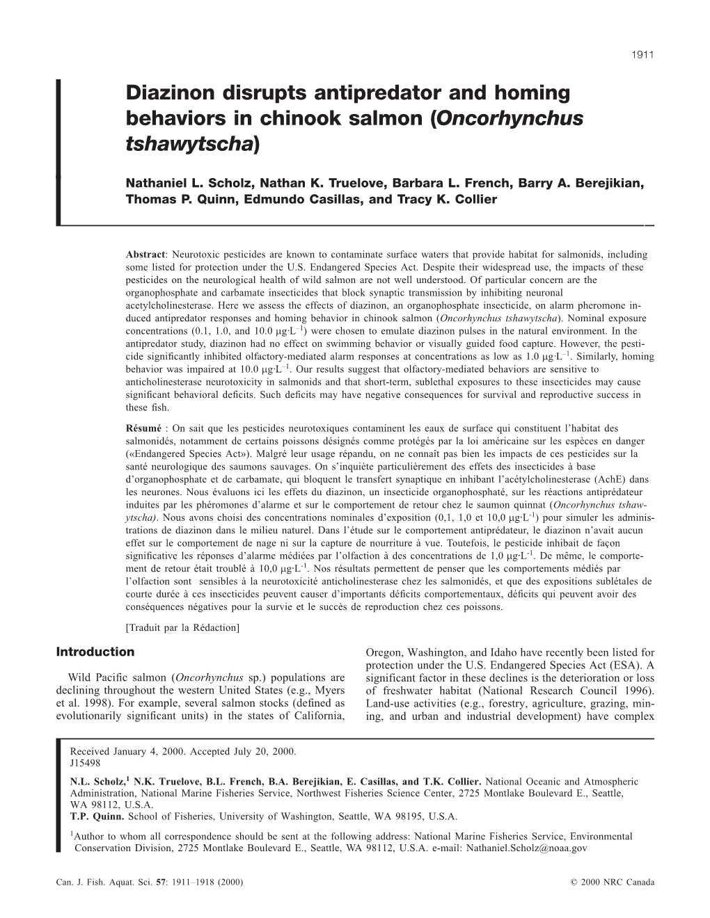 Diazinon Disrupts Antipredator and Homing Behaviors in Chinook Salmon (Oncorhynchus Tshawytscha)