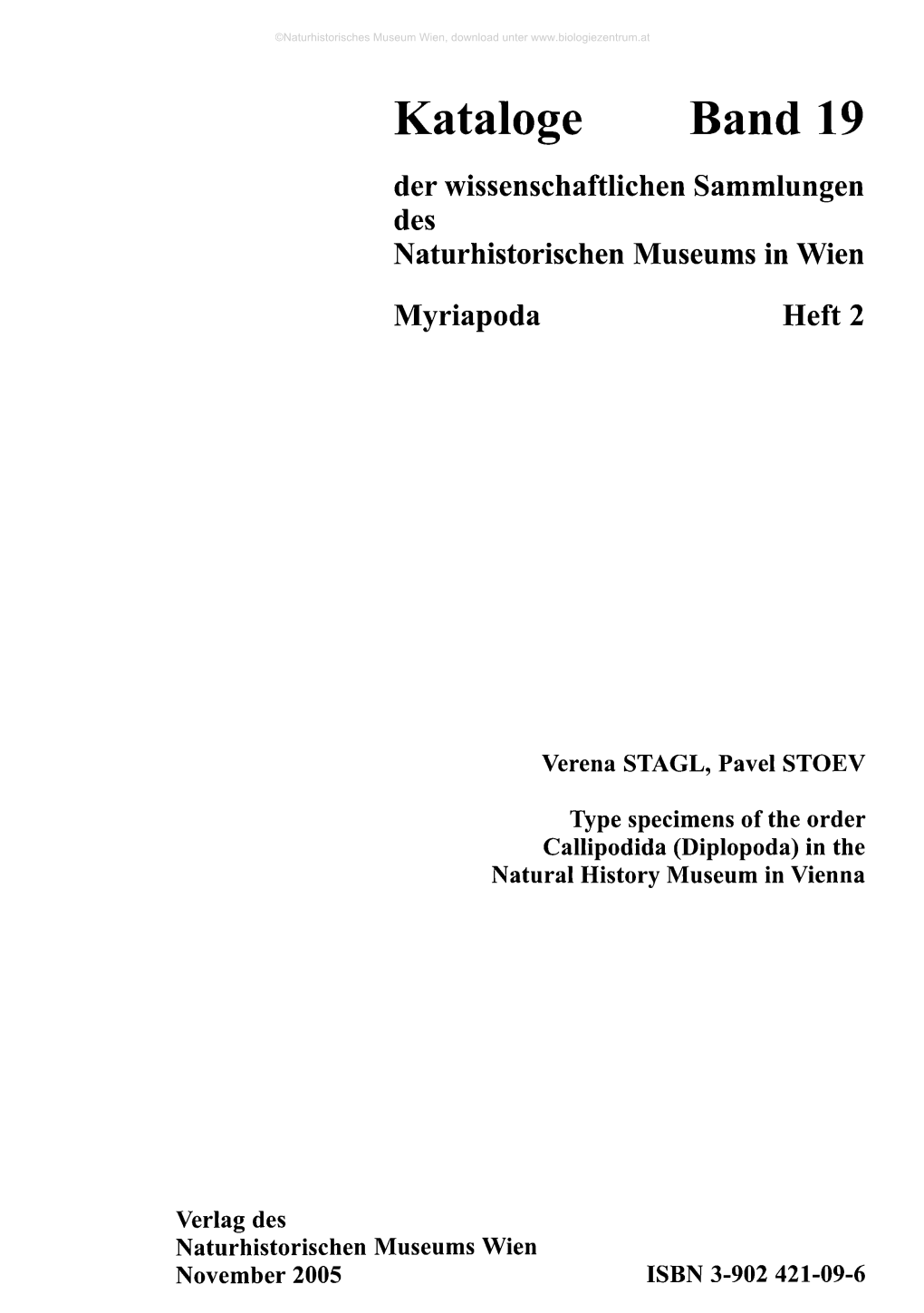 Kataloge Band 19 Der Wissenschaftlichen Sammlungen Des Naturhistorischen Museums in Wien