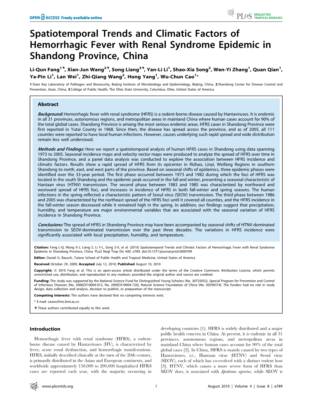 Spatiotemporal Trends and Climatic Factors of Hemorrhagic Fever with Renal Syndrome Epidemic in Shandong Province, China
