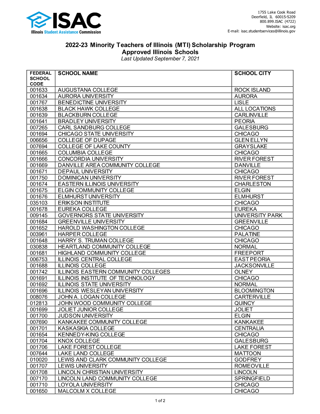 (MTI) Scholarship Program Approved Illinois Schools Last Updated September 7, 2021