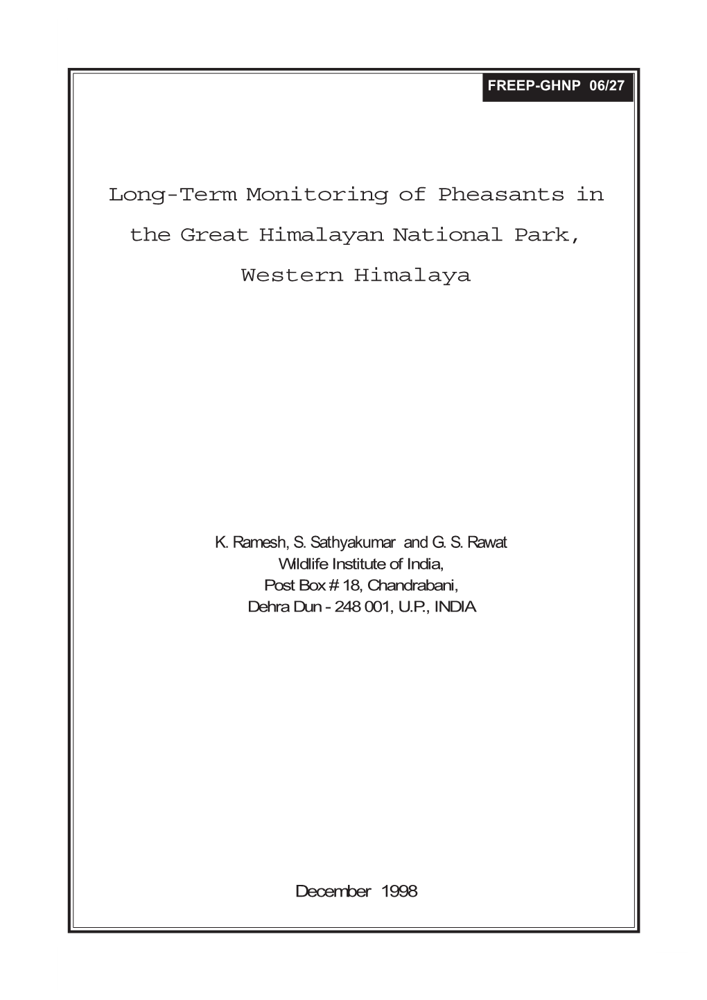 Long-Term Monitoring of Pheasants in the Great Himalayan National Park, Western Himalaya