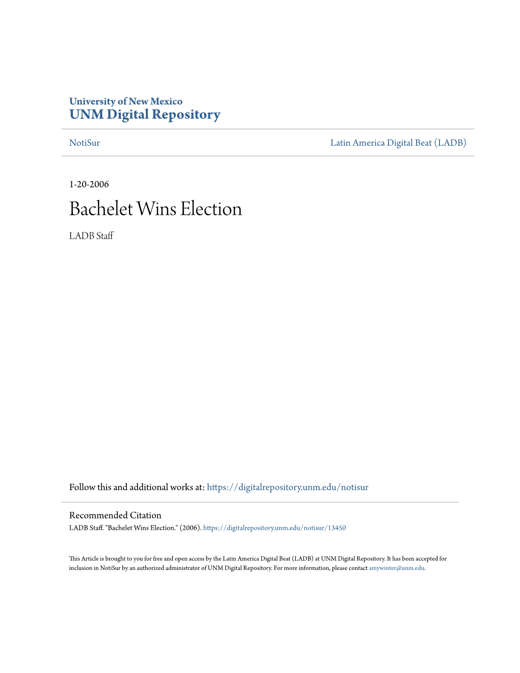 Bachelet Wins Election LADB Staff