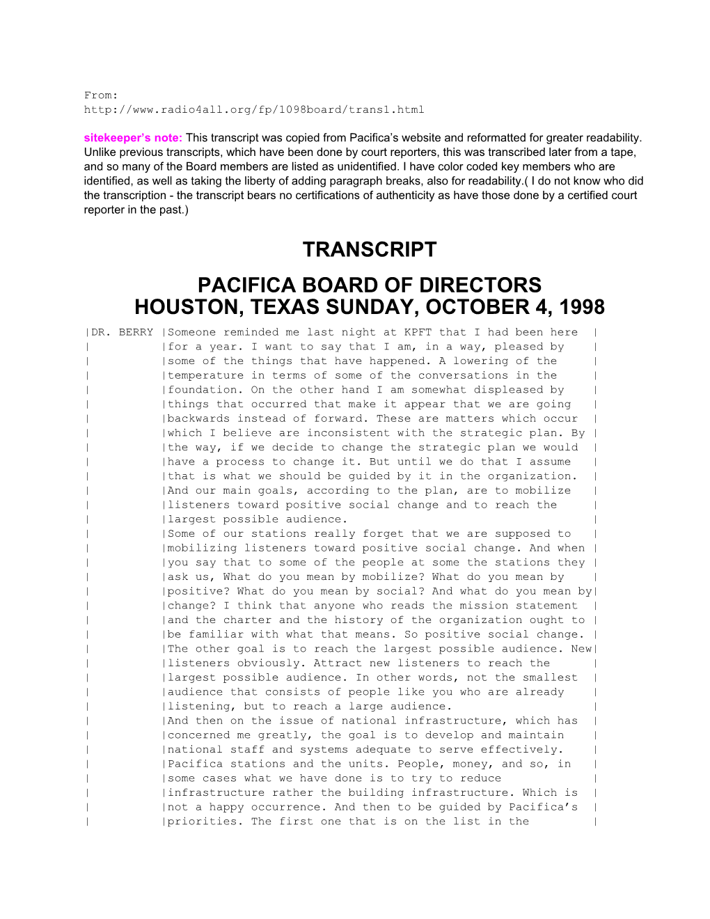 Transcript Pacifica Board of Directors Houston, Texas Sunday, October 4, 1998 |Dr