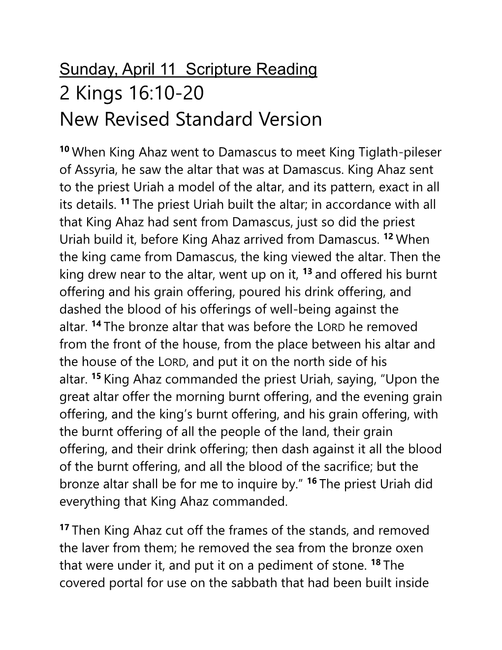 2 Kings 16:10-20 New Revised Standard Version