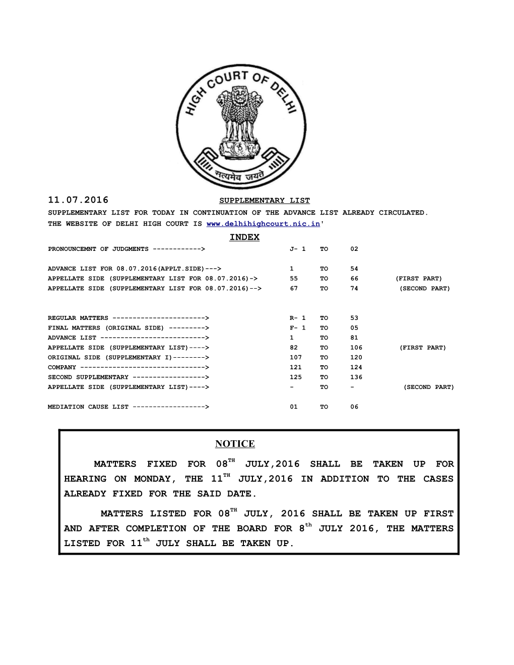 11.07.2016 Index Notice Matters Fixed for 08Th July