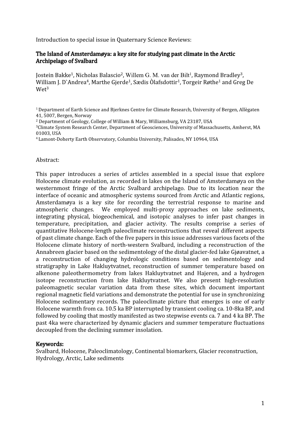 1 Introduction to Special Issue in Quaternary Science Reviews: The