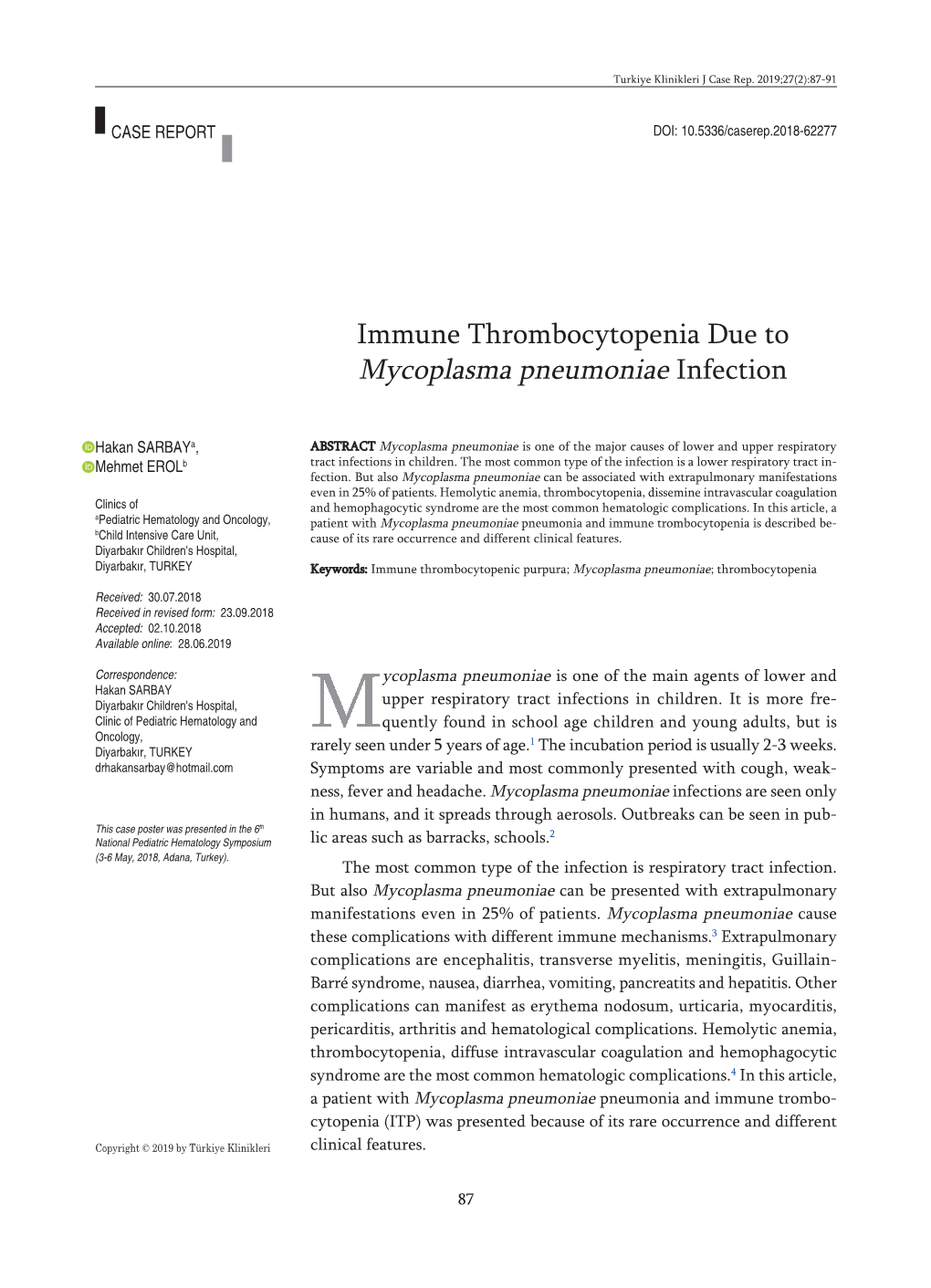 Immune Thrombocytopenia Due to Mycoplasma Pneumoniae Infection