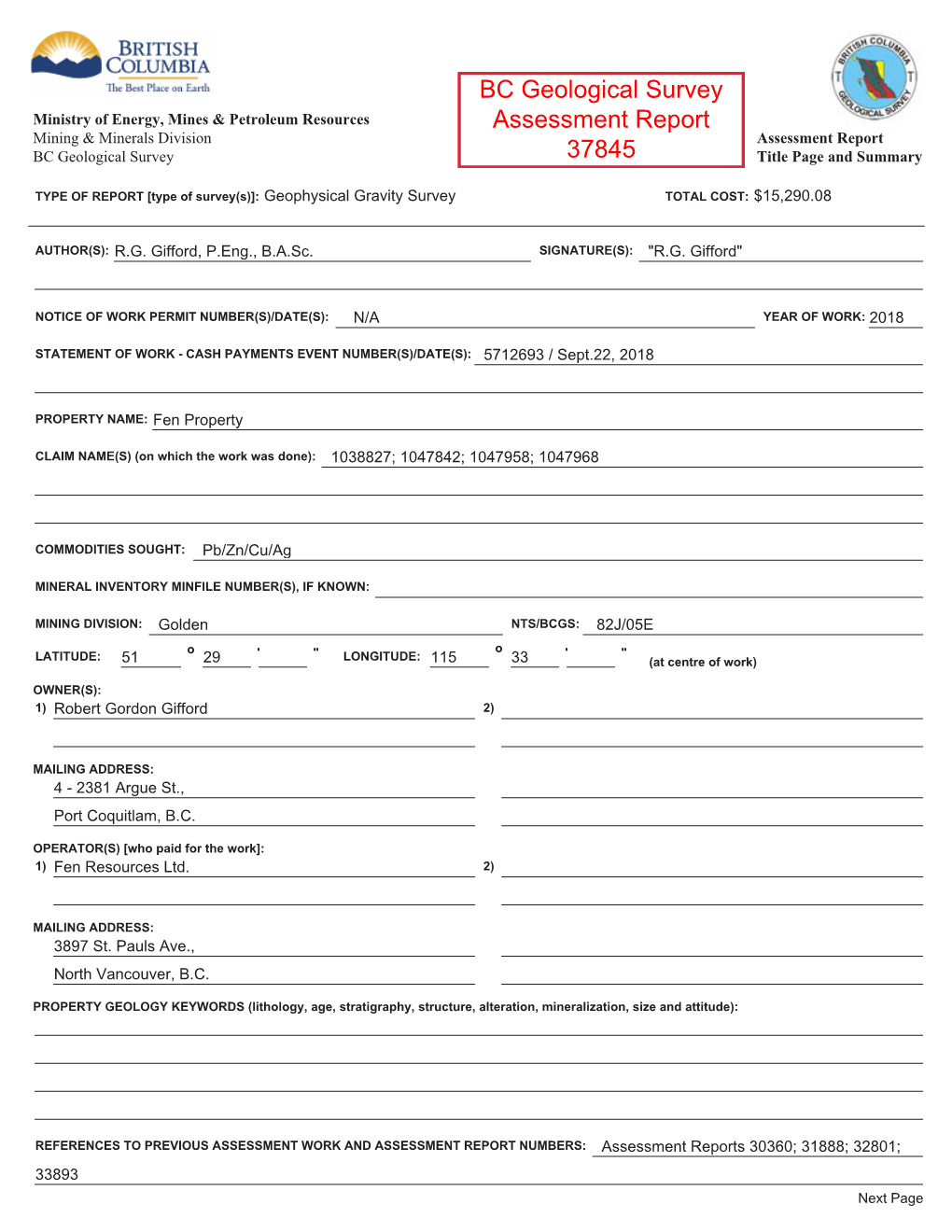 BC Geological Survey Assessment Report 37845