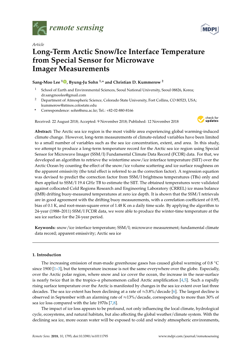 Long-Term Arctic Snow/Ice Interface Temperature from Special Sensor for Microwave Imager Measurements