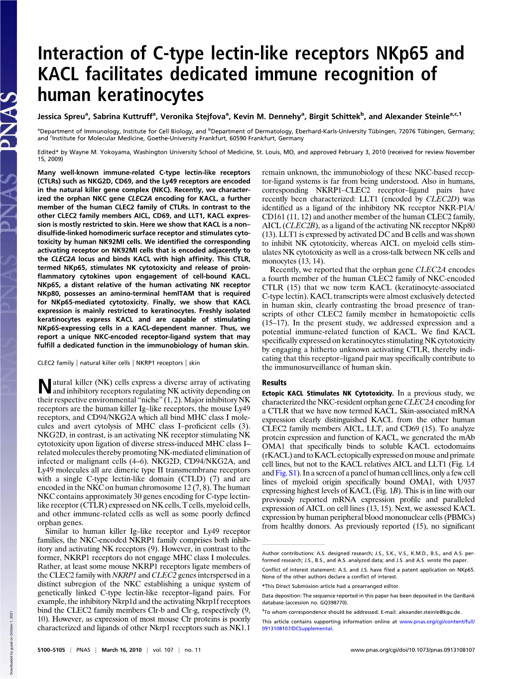 Interaction of C-Type Lectin-Like Receptors Nkp65 and KACL Facilitates Dedicated Immune Recognition of Human Keratinocytes