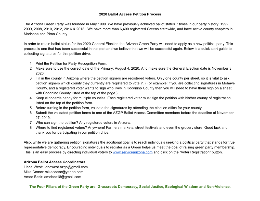 2020 Ballot Access Petition Process the Arizona Green Party Was Founded in May 1990. We Have Previously Achieved Ballot Status 7