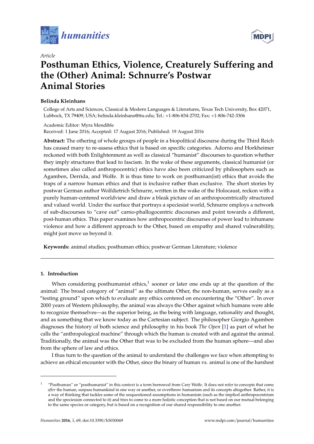 Posthuman Ethics, Violence, Creaturely Suffering and the (Other) Animal: Schnurre’S Postwar Animal Stories