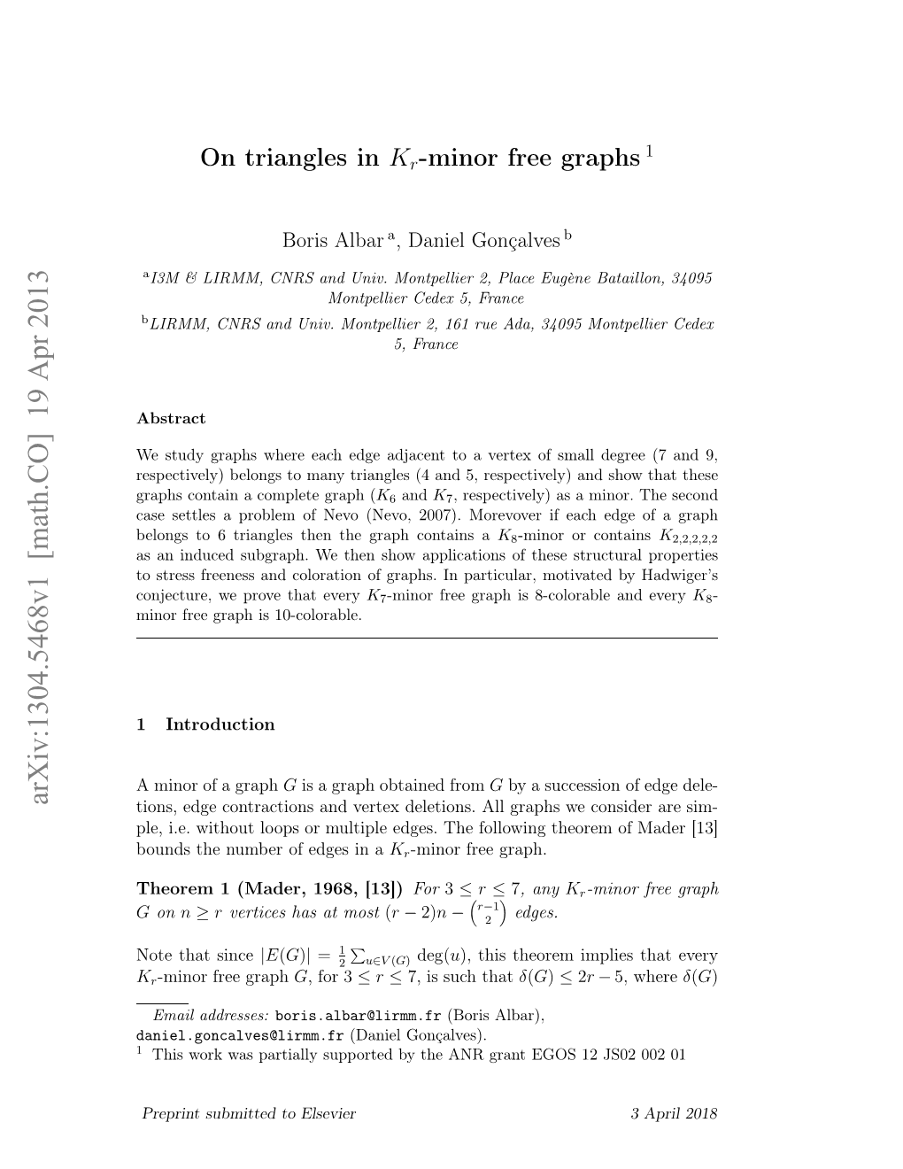 On Triangles in Kr-Minor Free Graphs