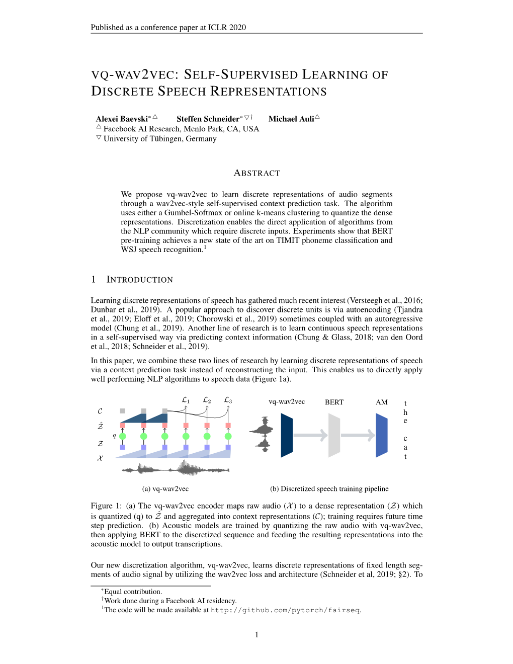 Vq-Wav2vec:Self-Supervised Learningof Discrete Speech Representations