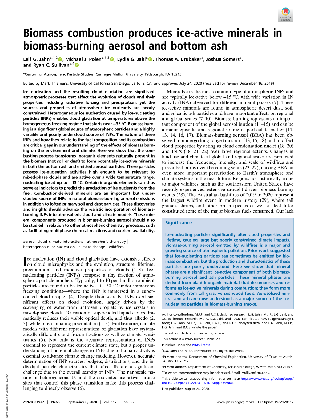 Biomass Combustion Produces Ice-Active Minerals in Biomass-Burning Aerosol and Bottom Ash