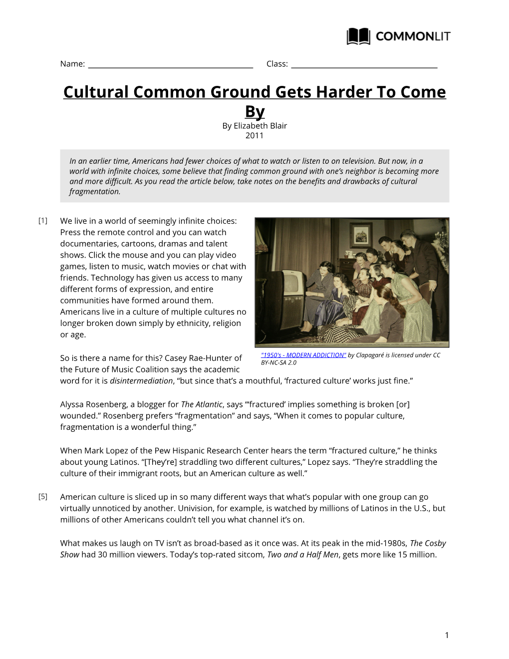 Cultural Common Ground Gets Harder to Come by by Elizabeth Blair 2011