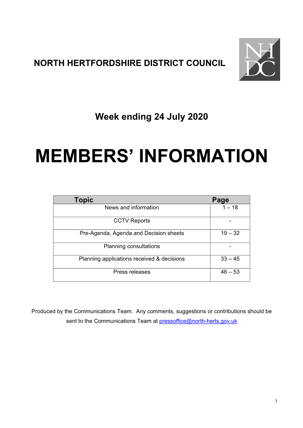 NORTH HERTFORDSHIRE DISTRICT COUNCIL Week Ending 24 July