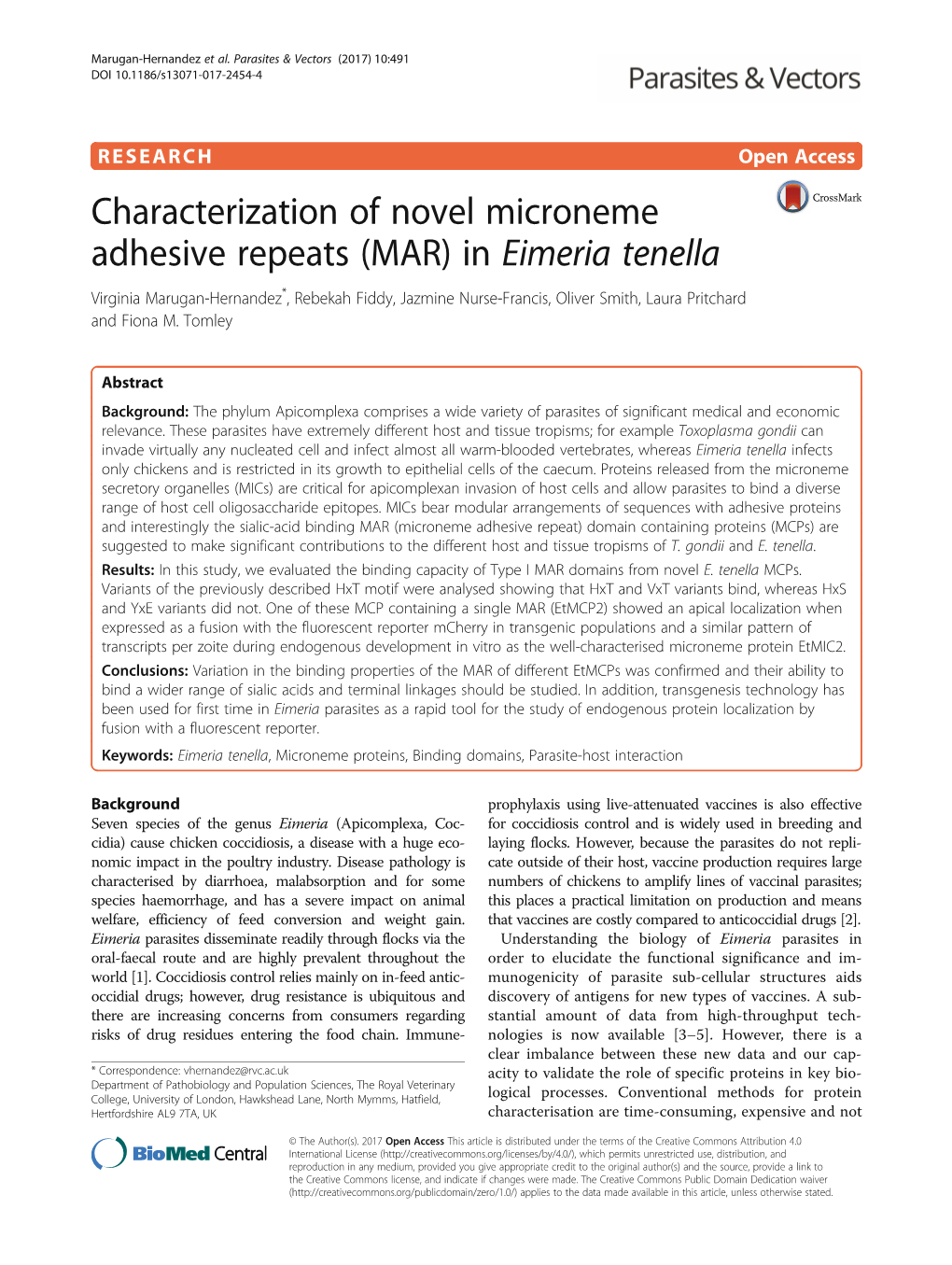 Characterization of Novel Microneme Adhesive Repeats (MAR) in Eimeria