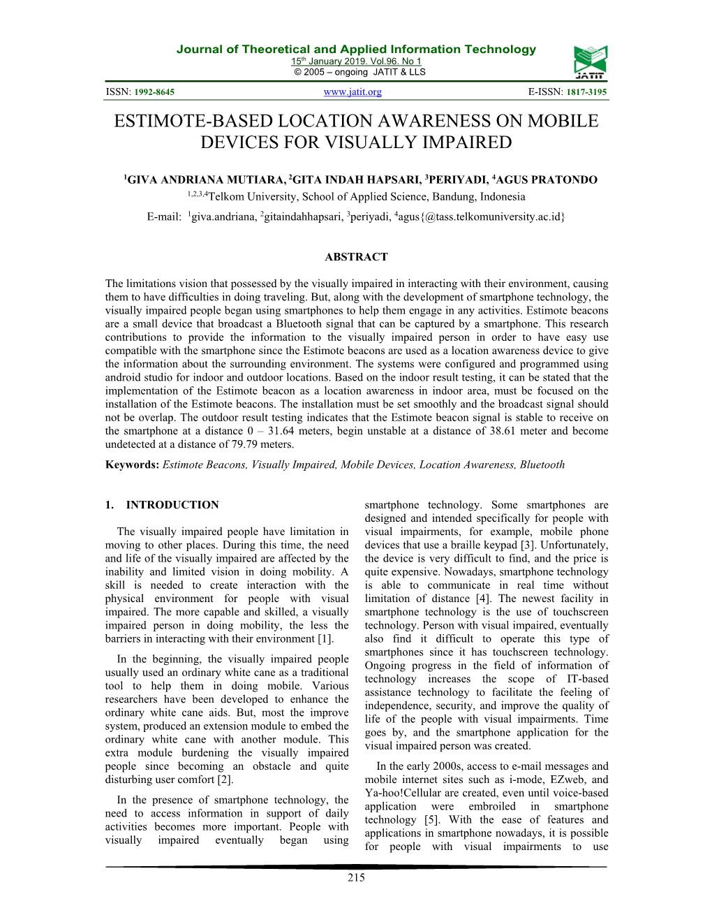 Estimote-Based Location Awareness on Mobile Devices for Visually Impaired