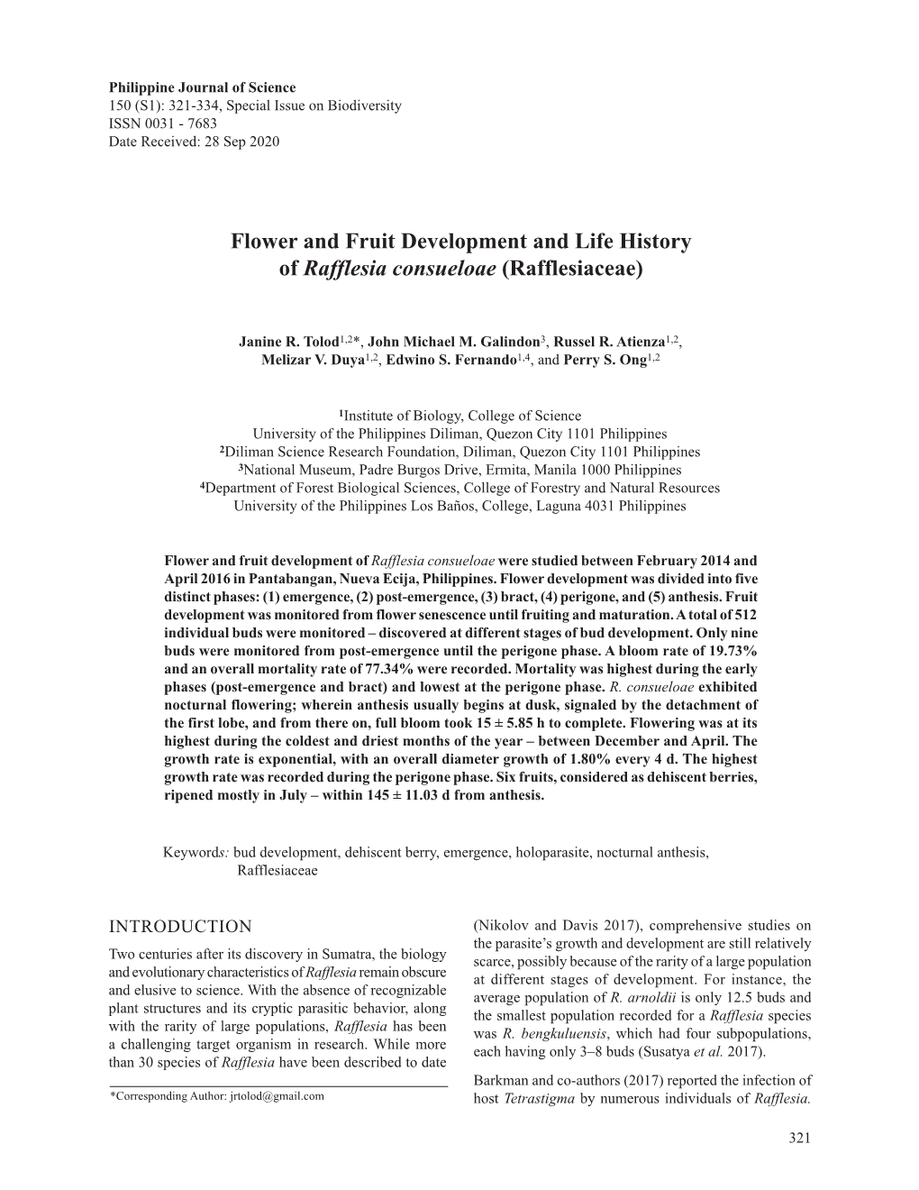 Flower and Fruit Development and Life History of Rafflesia Consueloae (Rafflesiaceae)