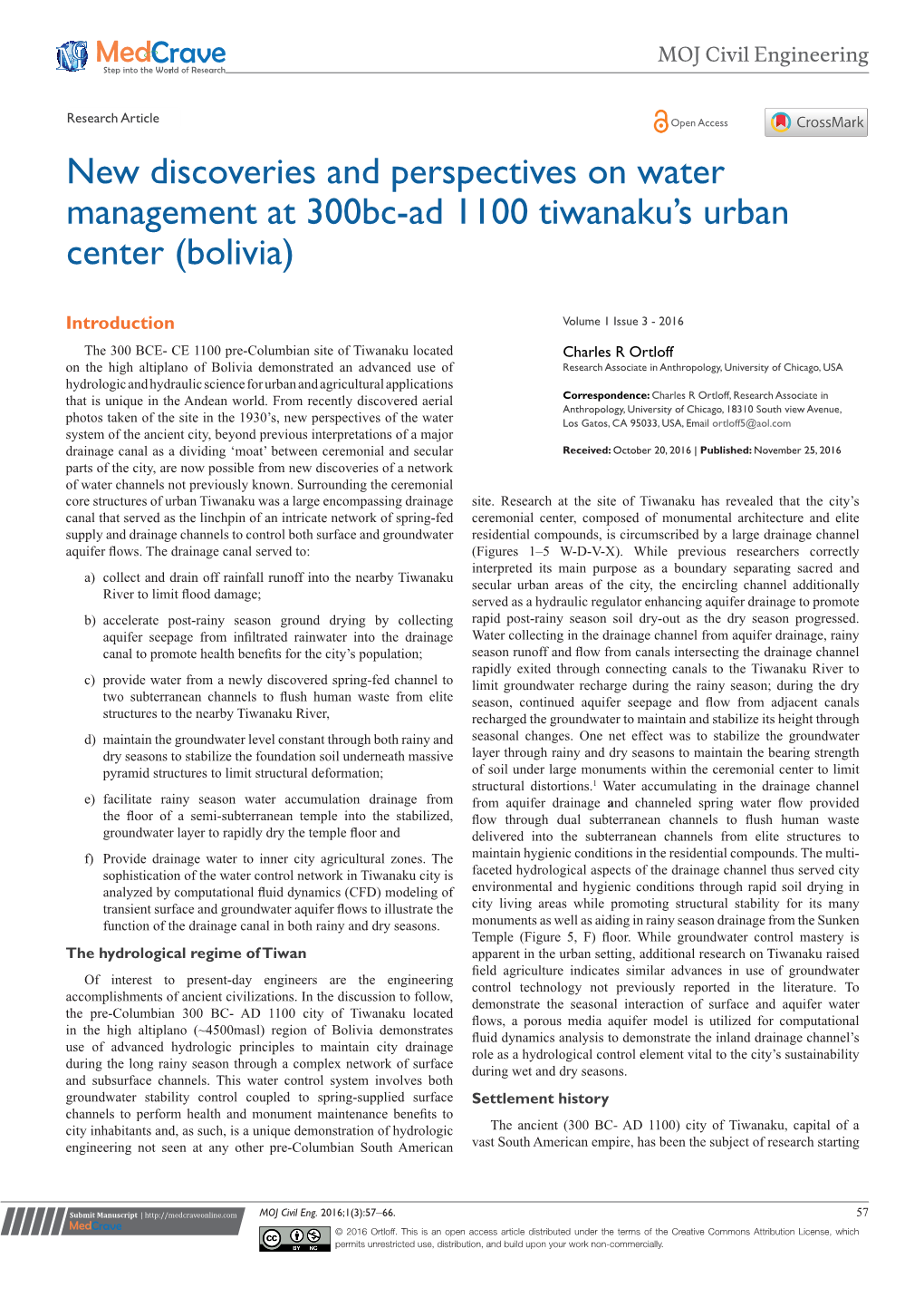 New Discoveries and Perspectives on Water Management at 300Bc-Ad 1100 Tiwanaku’S Urban Center (Bolivia)