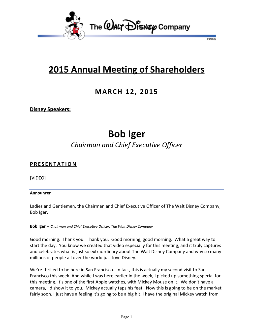 2015 Annual Meeting of Shareholders