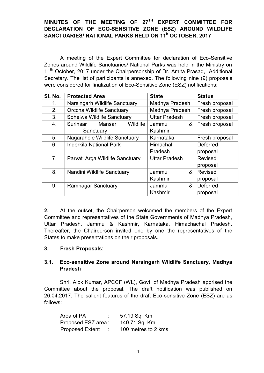 ESZ) AROUND WILDLIFE SANCTUARIES/ NATIONAL PARKS HELD on 11H OCTOBER, 2017