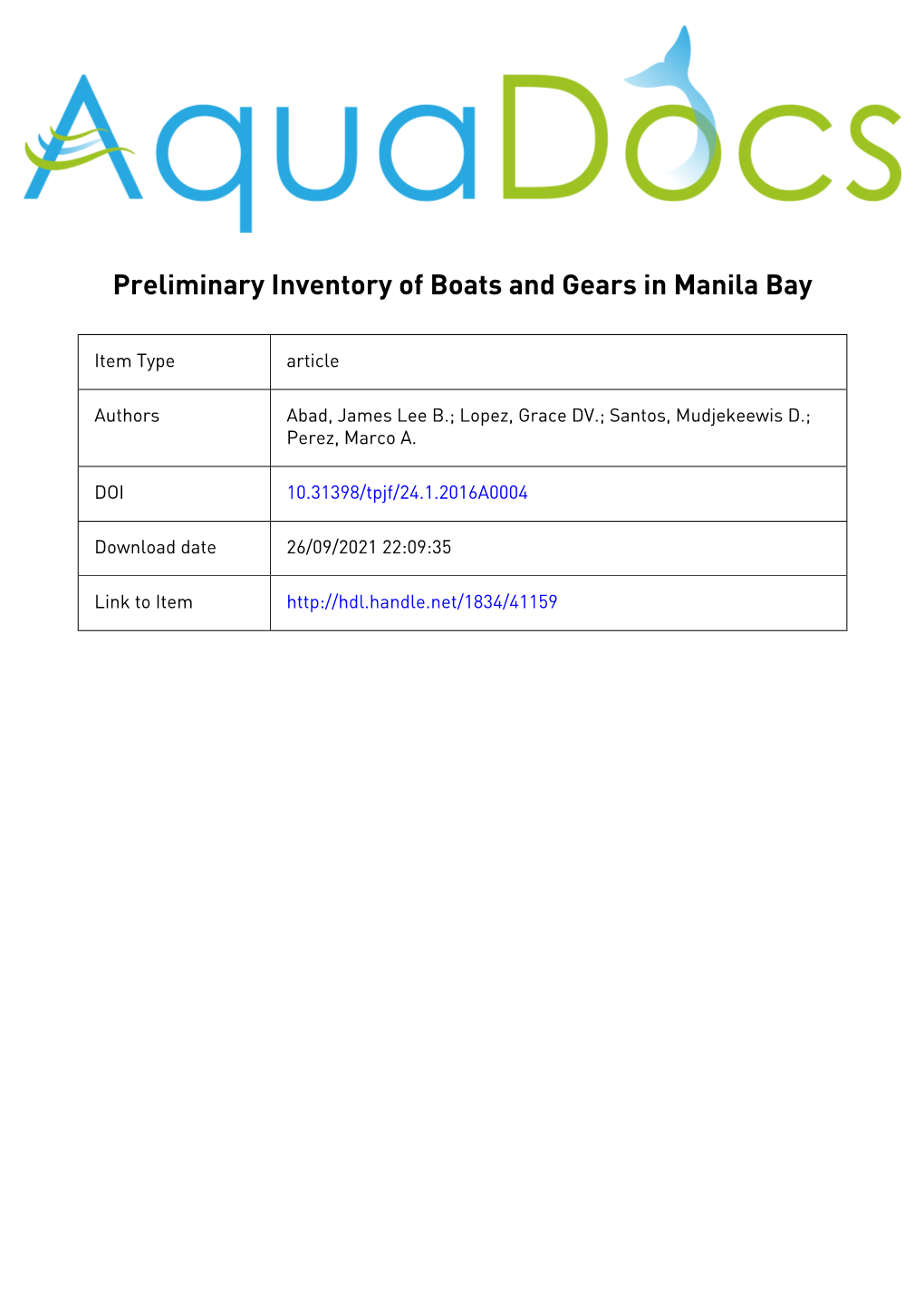 Preliminary Inventory of Boats and Gears in Manila Bay