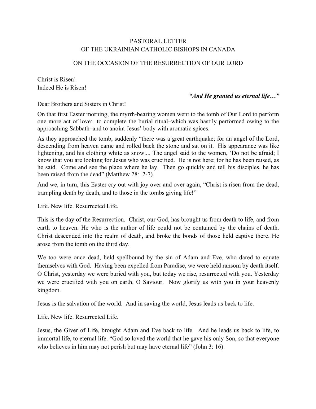 Pastoral Letter of the Ukrainian Catholic Bishops in Canada