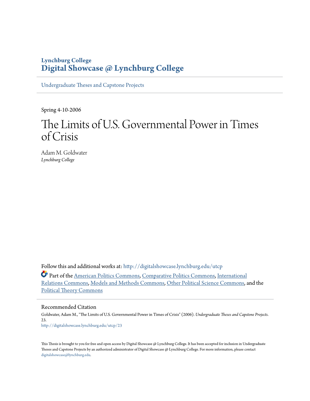 The Limits of U.S. Governmental Power in Times of Crisis Adam M