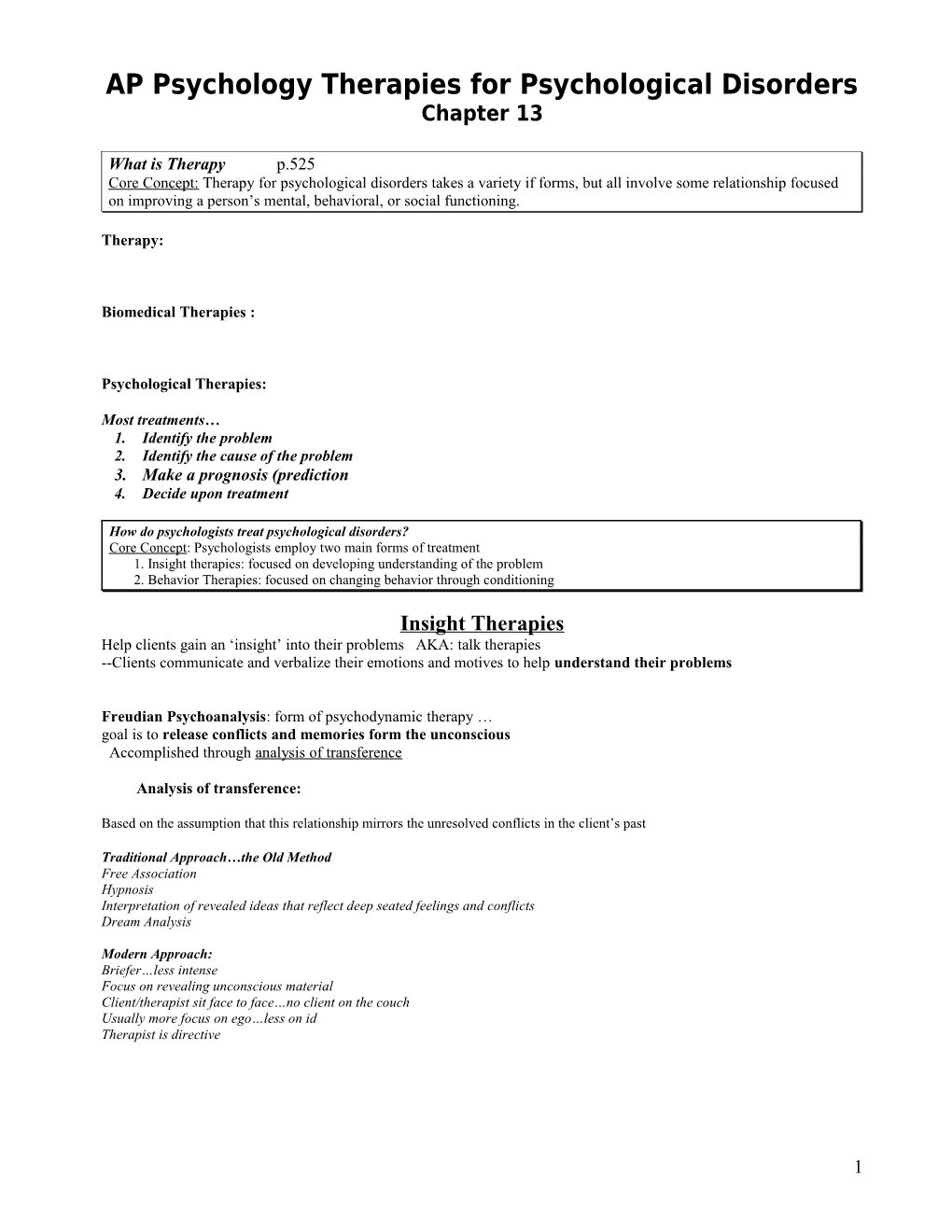 AP Psychology Therapies for Psychological Disorders