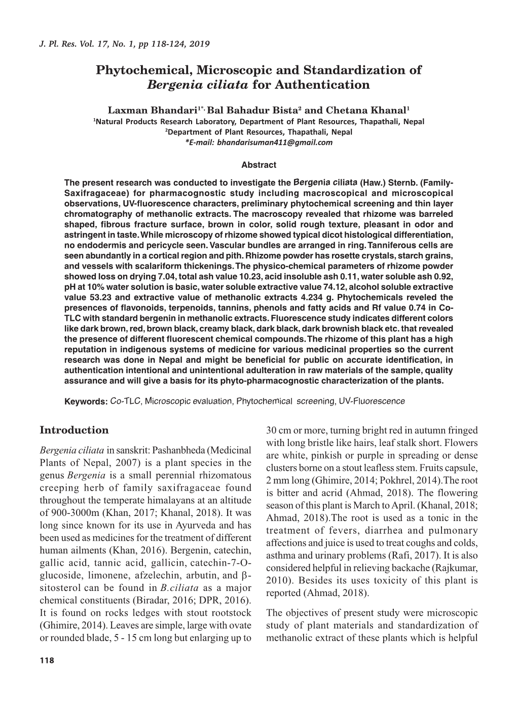 Phytochemical, Microscopic and Standardization of Bergenia Ciliata for Authentication