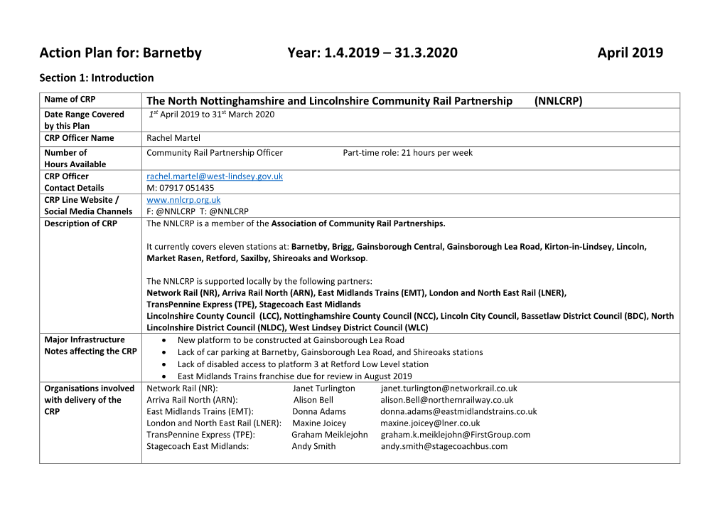 Action Plan For: Barnetby Year: 1.4.2019 – 31.3.2020 April 2019