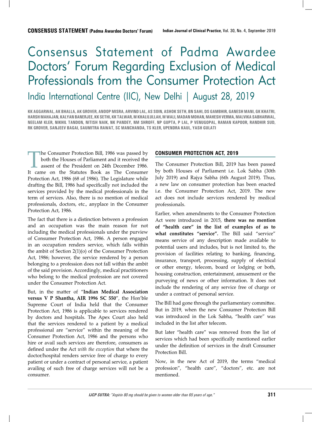 Consensus Statement of Padma Awardee Doctors' Forum Regarding