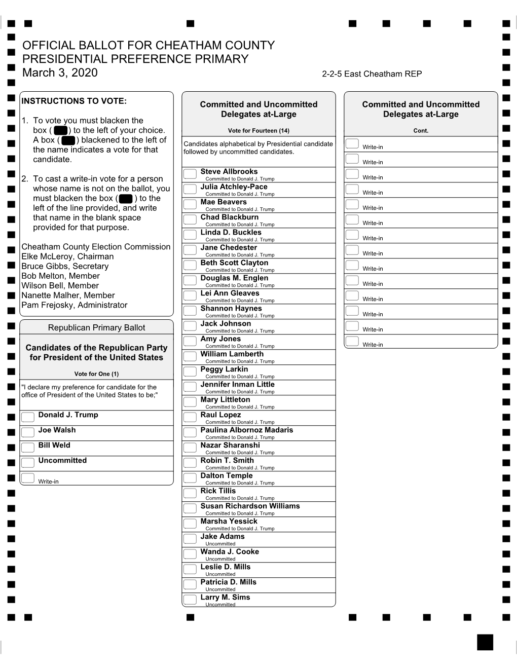 OFFICIAL BALLOT for CHEATHAM COUNTY PRESIDENTIAL PREFERENCE PRIMARY March 3, 2020 2-2-5 East Cheatham REP