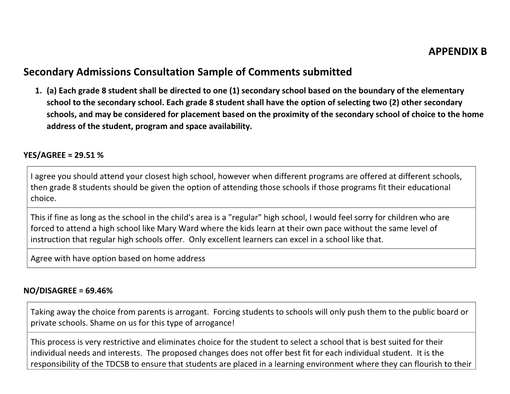APPENDIX B Secondary Admissions Consultation Sample of Comments Submitted 1
