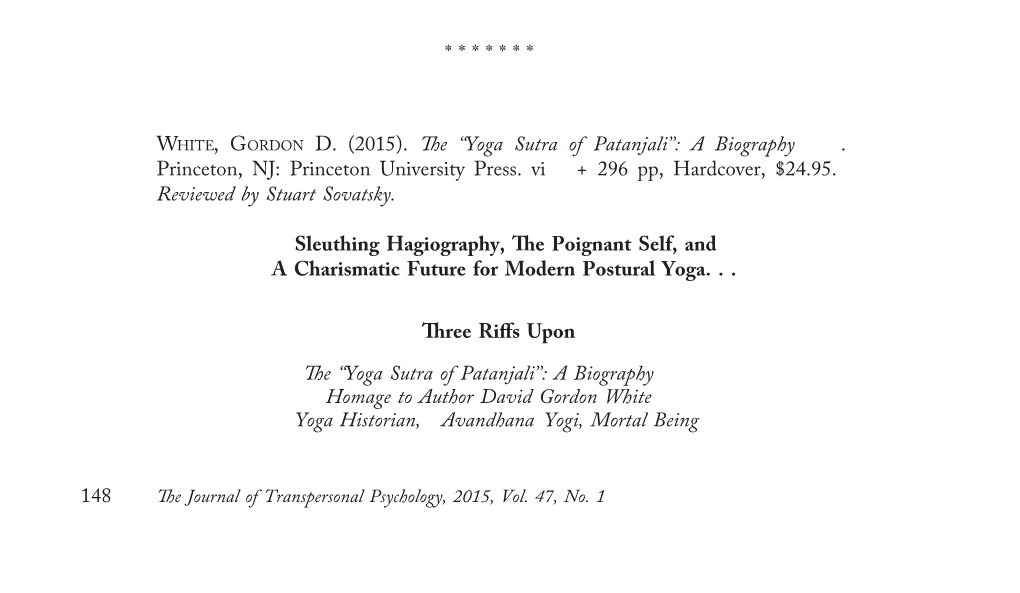 WHITE, GORDON D. (2015). E ''Yoga Sutra of Patanjali'