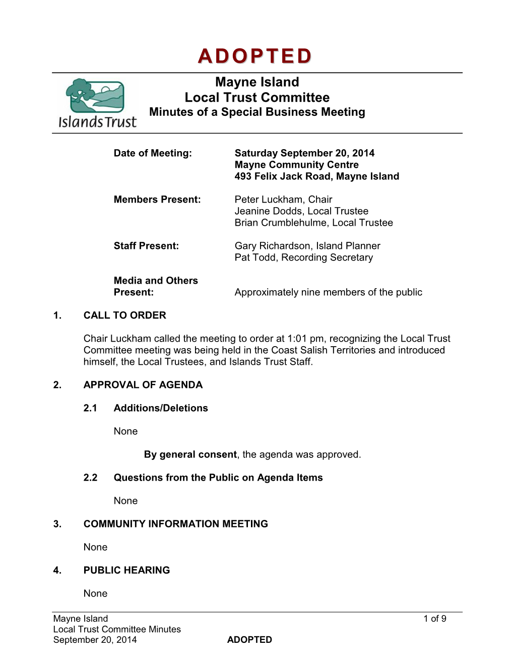 ADOPTED Mayne Island Local Trust Committee Minutes of a Special Business Meeting