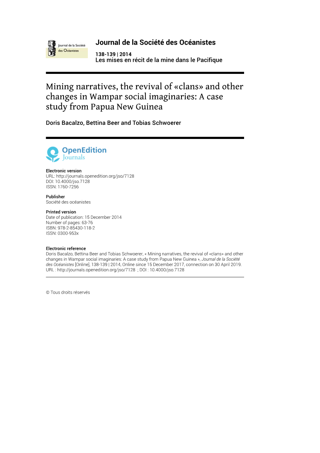 Mining Narratives, the Revival of «Clans» and Other Changes in Wampar Social Imaginaries: a Case Study from Papua New Guinea