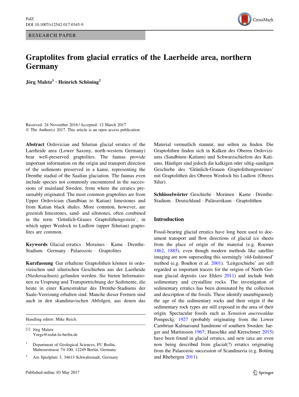 Graptolites from Glacial Erratics of the Laerheide Area, Northern Germany