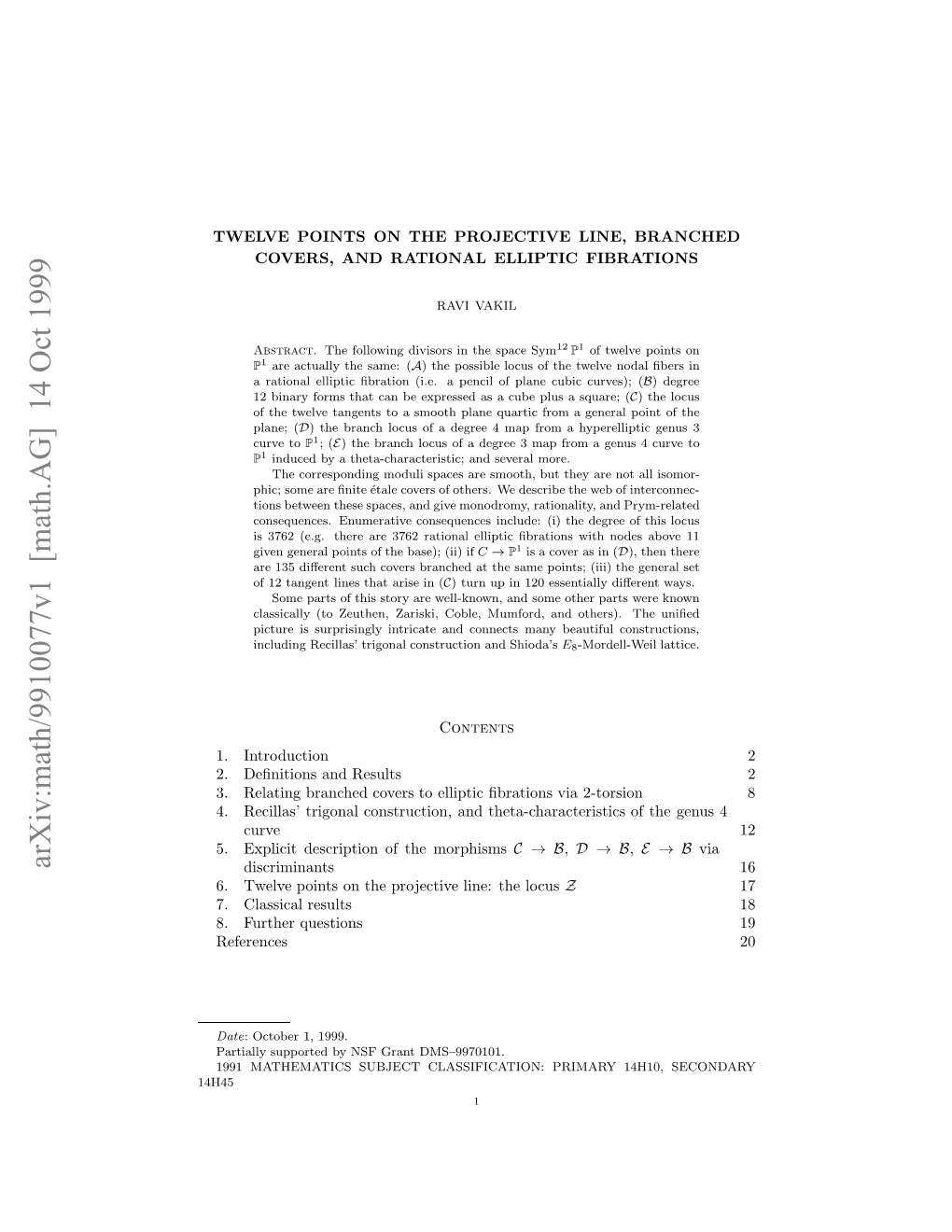 [Math.AG] 14 Oct 1999 14H45 WLEPIT NTEPOETV IE BRANCHED LINE, PROJECTIVE the on POINTS TWELVE .Epii Ecito Ftemorphisms the of Description Explicit 5