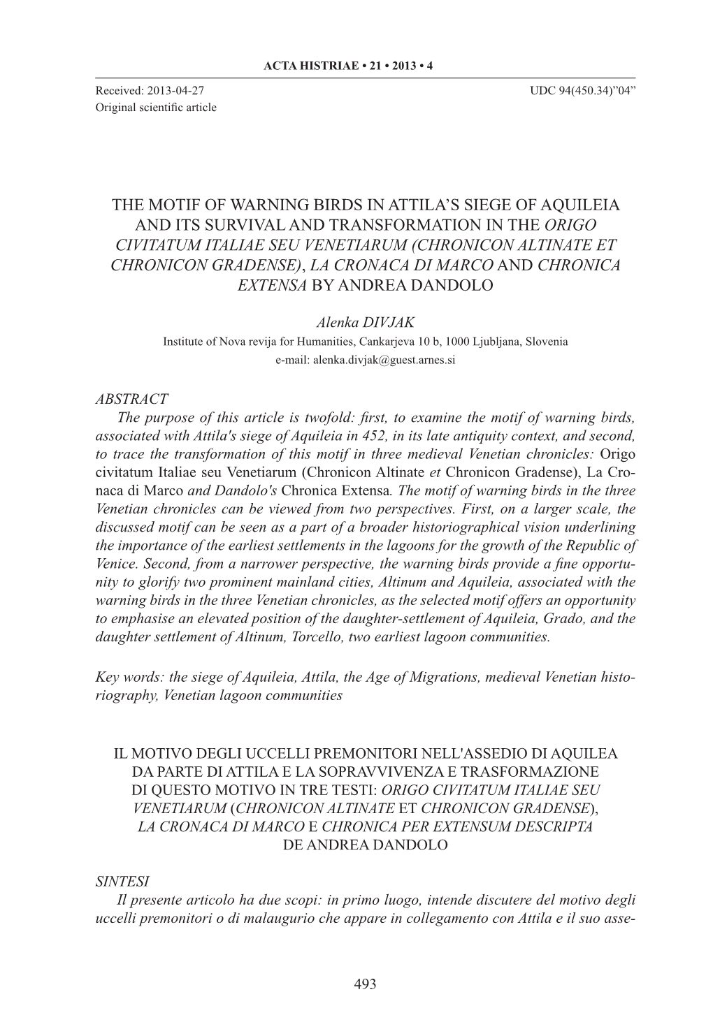 The Motif of Warning Birds in Attila's Siege of Aquileia and Its Survival and Transformation in the Origo Civitatum Italiae Se