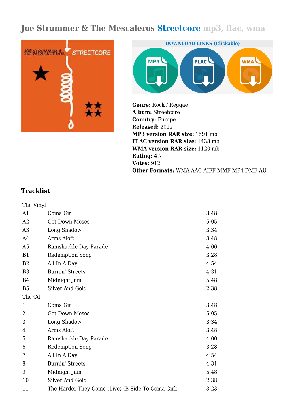 Joe Strummer & the Mescaleros Streetcore Mp3, Flac