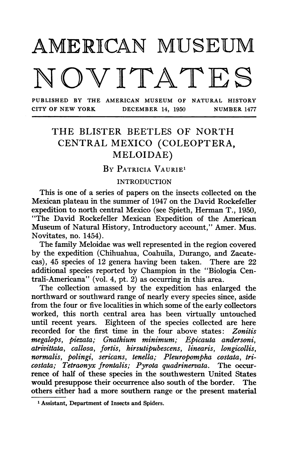 Novitates Published by the American Museum of Natural History City of New York December 14, 1950 Number 1477