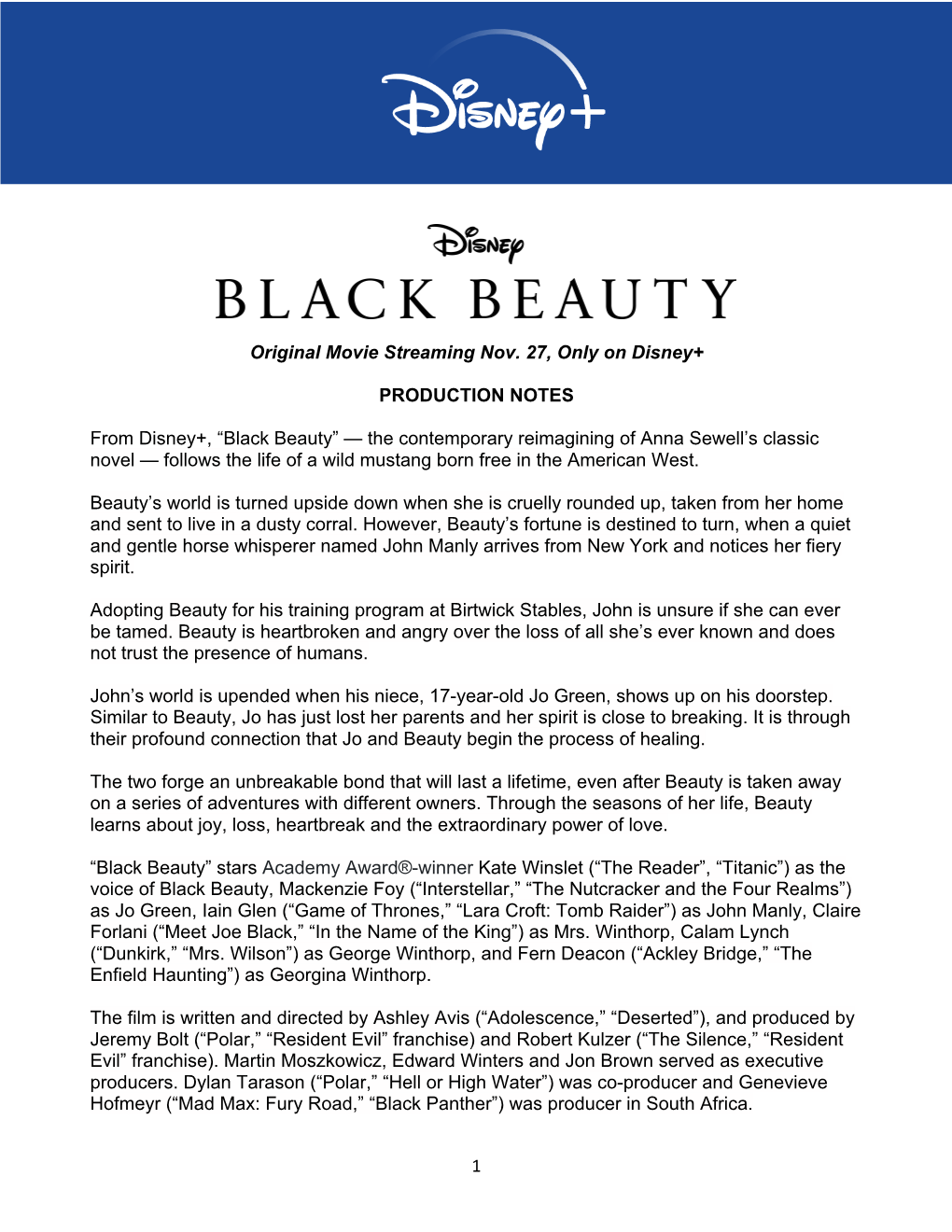 1 Original Movie Streaming Nov. 27, Only on Disney+ PRODUCTION NOTES from Disney+, “Black Beauty” — the Contemporary Reima