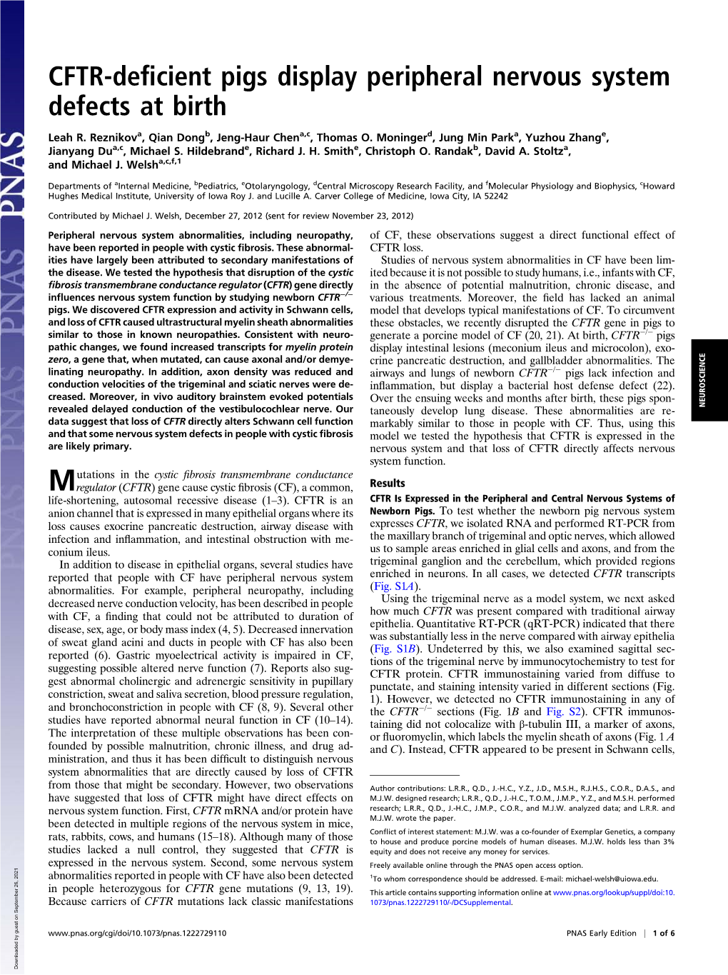 CFTR-Deficient Pigs Display Peripheral Nervous System Defects at Birth