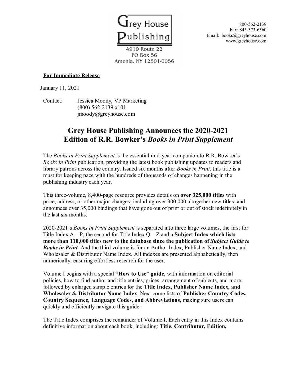 Grey House Publishing Announces the 2020-2021 Edition of R.R. Bowker’S Books in Print Supplement