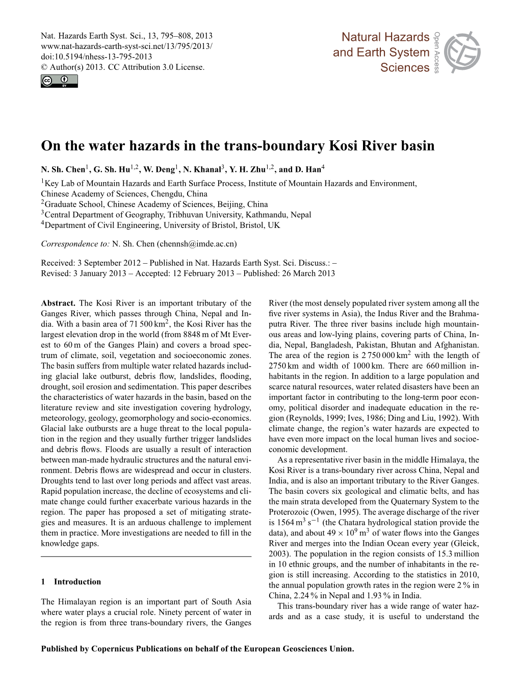 On the Water Hazards in the Trans-Boundary Kosi River Basin Discussions Open Access Open Access Atmospheric Atmospheric N