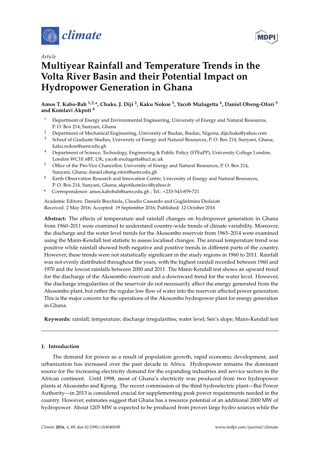 Multiyear Rainfall and Temperature Trends in the Volta River Basin and Their Potential Impact on Hydropower Generation in Ghana